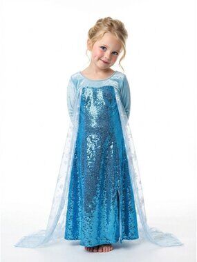 Girls Elsa Frozen Princess Costume Dress Blue Sequin Mesh Snowflake .